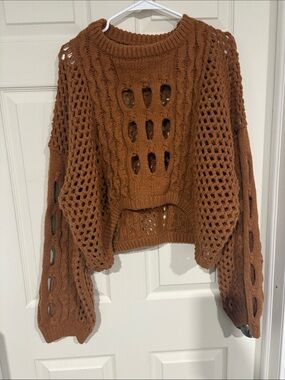 Cider Rust-Brown Open Knit Cable Scoop Sweater